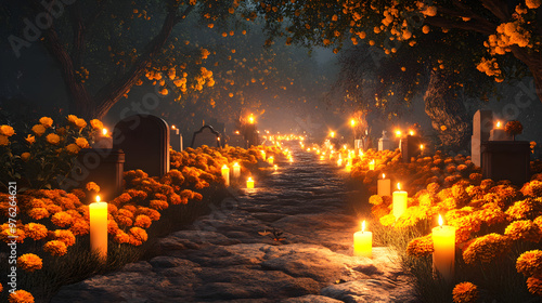 Cemetery at Night with Candlelight and Marigold Flowers for Day of the Dead. AI generative.