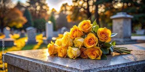 Fototapeta Naklejka Na Ścianę i Meble -  Yellow Roses on a Tombstone, Cemetery, Remembrance, Grief, Memorial
