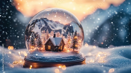 Boule à neige avec maison illuminée au coucher du soleil dans les montagnes