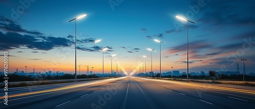 Wind and solarpowered streetlights along a modern road, a gentle breeze flowing through, showcasing the integration of sustainable electricity in urban design