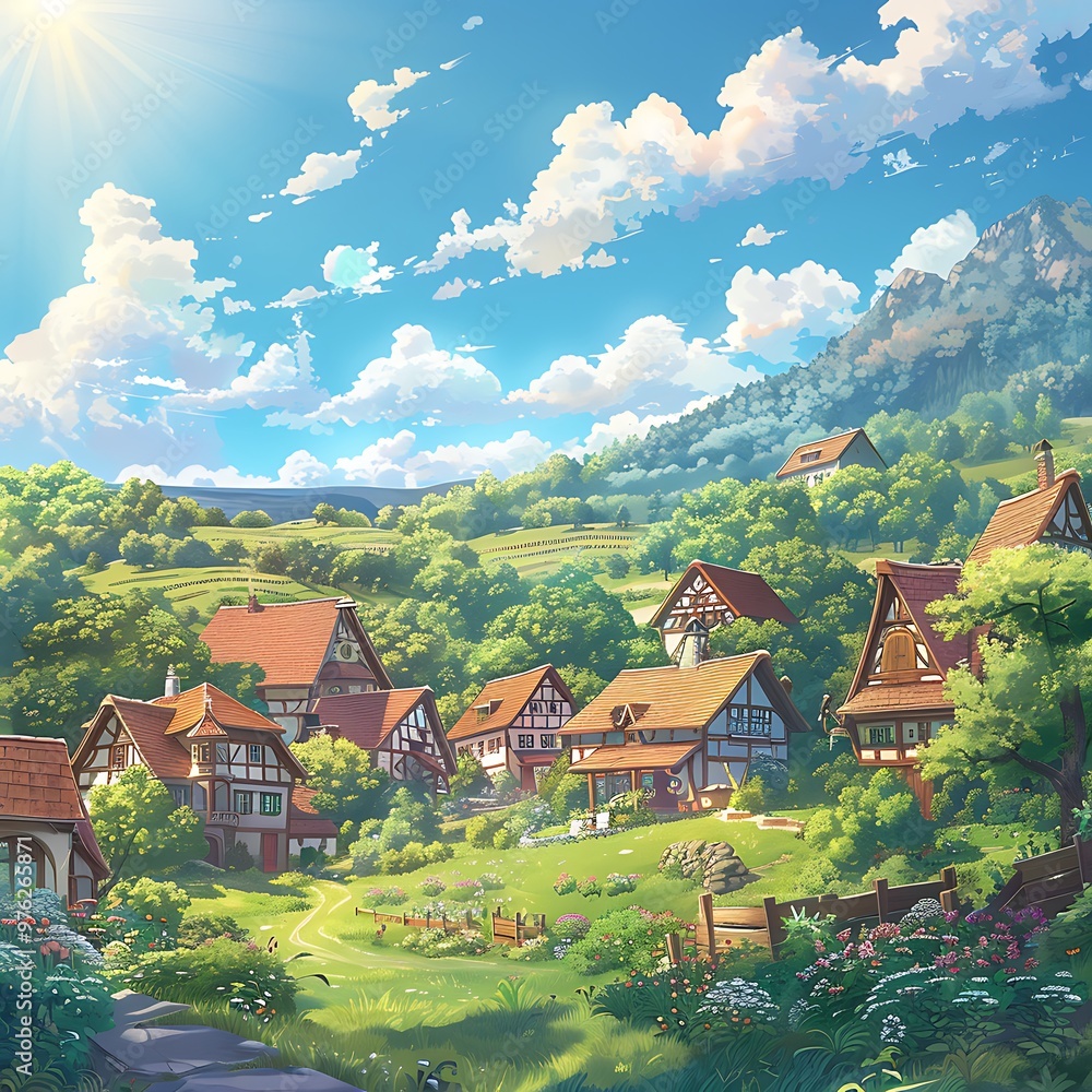 Obraz premium Thunderous Summer Skies: An Anime-Inspired Illustration, Beautiful Blue Skies with Nature, Moon ,Cloud ,Beach scenery, Tree, night -Anime concept Background