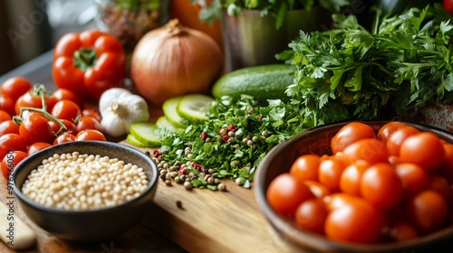 Close-up of chopped vegetables and herbs on wooden table.