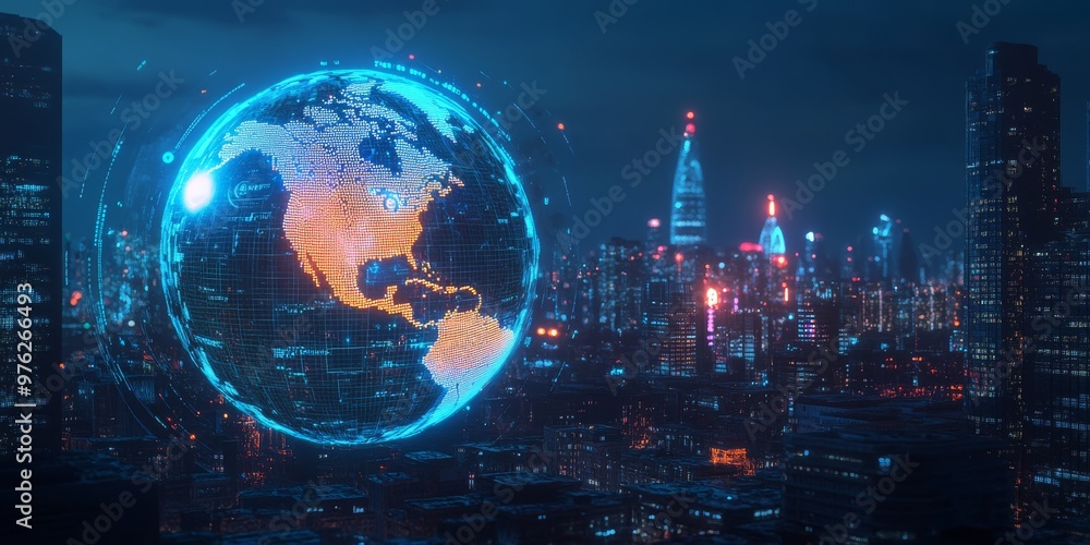 An AIgenerated abstract and artistic globe expertly highlights North America, showcasing a stunning futuristic city skyline with vibrant colors that create a digital aesthetic and modern appeal An AIgenerated abstract and artistic globe expertly highlights North America, showcasing a stunning futuristic city skyline with vibrant colors that create a digital aesthetic and modern appeal