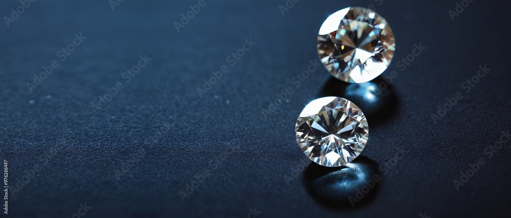 Two flawless diamonds lay on a dark background, reflecting light beautifully. Their intricate cuts highlight the gem's radiance and elegance in the captured moment Two flawless diamonds lay on a dark background, reflecting light beautifully. Their intricate cuts highlight the gem's radiance and elegance in the captured moment