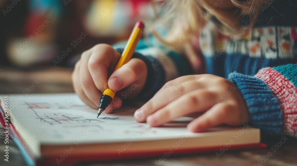 A child's hand with a yellow pencil, drawing on a notebook. A child's hand with a yellow pencil, drawing on a notebook.