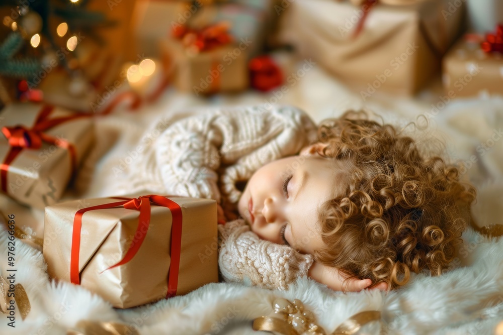 Beautiful curly-haired child contentedly dozing his cozy bed. Curly child rests bed dreaming peacefully of cozy boxes. Essence of childhood comfort depicted boy's serene sleep. Beautiful curly-haired child contentedly dozing his cozy bed. Curly child rests bed dreaming peacefully of cozy boxes. Essence of childhood comfort depicted boy's serene sleep.