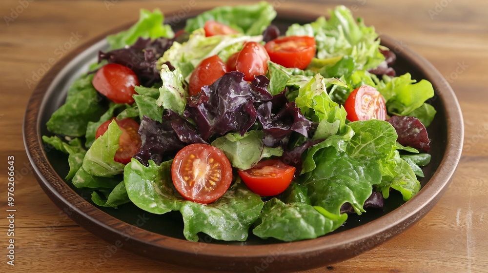 A fresh salad with cherry tomatoes and mixed greens on a wooden plate. A fresh salad with cherry tomatoes and mixed greens on a wooden plate.