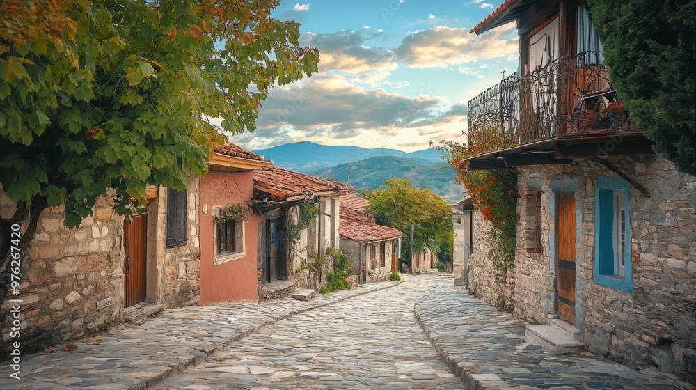 A cobblestone street winds through a quaint village with colorful houses and a mountain backdrop. A cobblestone street winds through a quaint village with colorful houses and a mountain backdrop.