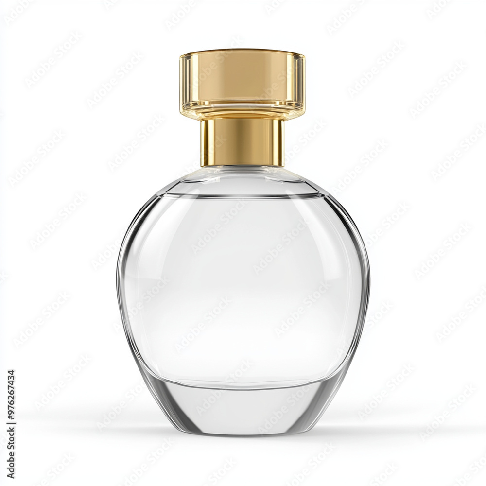 Luxury perfume bottle in clear glass with gold cap, front view, on a white background, elegant and sophisticated design. Luxury perfume bottle in clear glass with gold cap, front view, on a white background, elegant and sophisticated design.