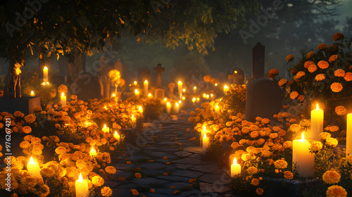 Cemetery at Night with Candlelight and Marigold Flowers for Day of the Dead. AI generative.