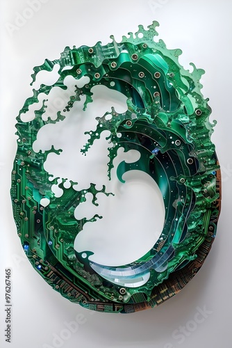 Digital Art Wave Green Technology Circuitry Sculpture Design. AI Generated