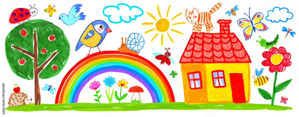 Naklejka premium Felt pen hand drawn vector illustrations collection of child drawing of summer landscape with house, rainbow arc and plants