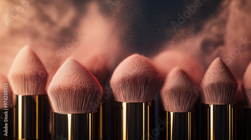 Cosmetics makeup brushes with pink peach powder, close-up, soft bristles, elegant brushes, beauty tools, makeup essentials, cosmetic brushes concept photo