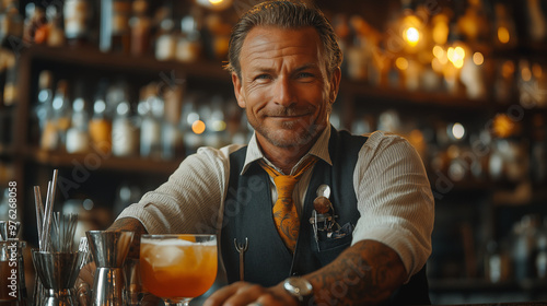 Stylish brutal barman in a shirt and apron makes a cocktail at bar counter background.