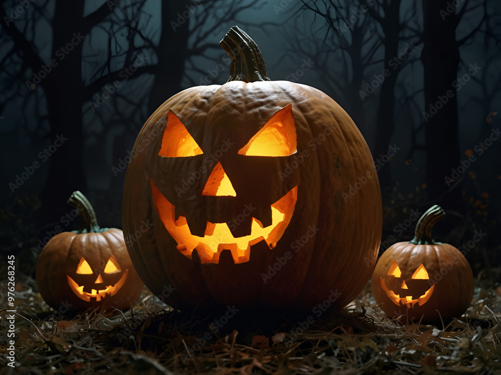 Ominous pumpkin on a mystical background, Halloween atmosphere Ominous pumpkin on a mystical background, Halloween atmosphere