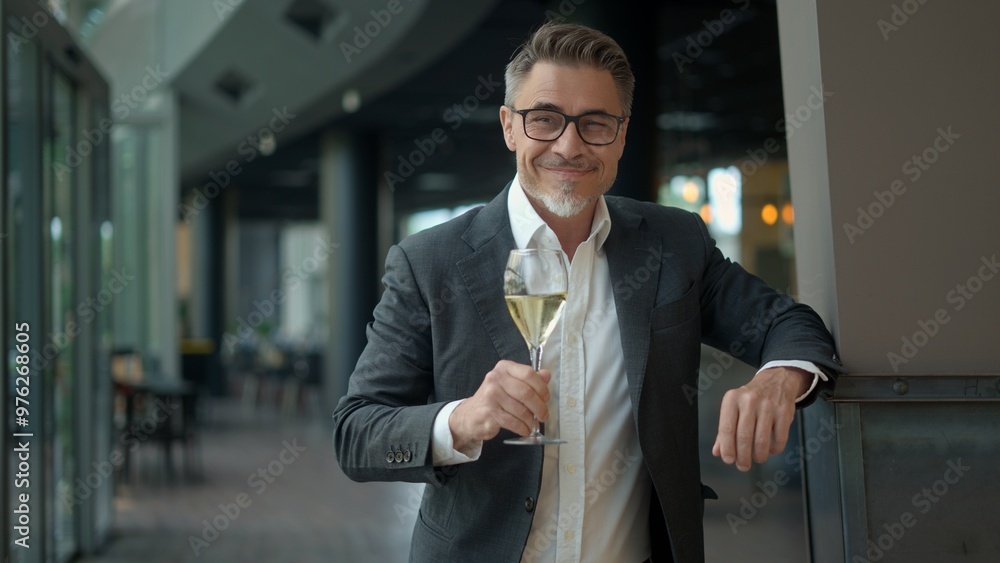 Portrait of smiling businessman holding a glass of white wine smiling in modern building. Happy mid adult, middle aged man drinking champagne in restaurant. Blank copy space for text. Portrait of smiling businessman holding a glass of white wine smiling in modern building. Happy mid adult, middle aged man drinking champagne in restaurant. Blank copy space for text.