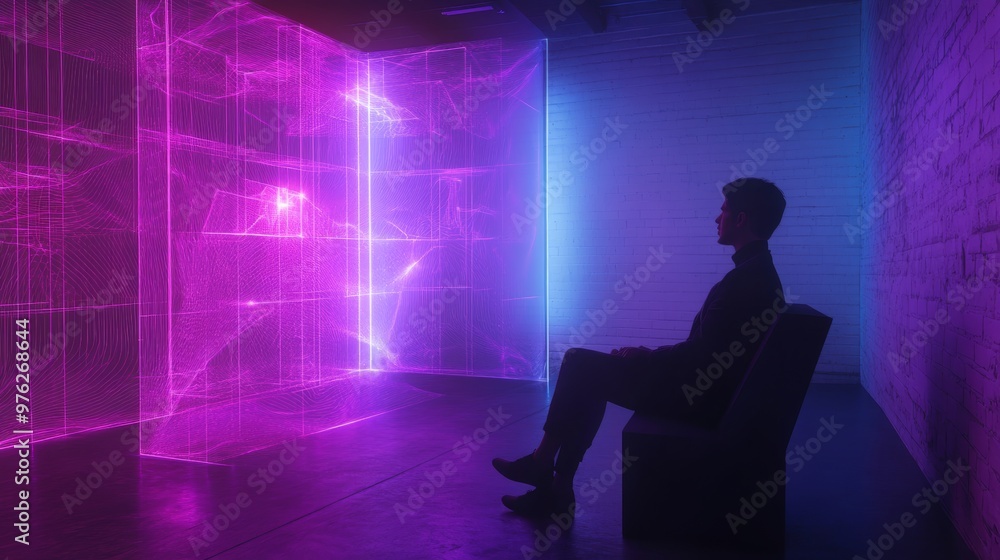 Man Sitting in a Room with Neon Lights. Man Sitting in a Room with Neon Lights.