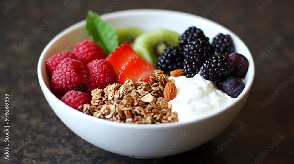 Bowl of granola, yogurt, berries, kiwi and almonds. Bowl of granola, yogurt, berries, kiwi and almonds.