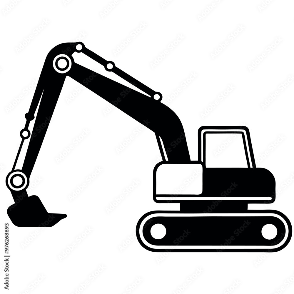 a black and white silhouette of an excavator. The excavator is shown in a side view, with the arm extended upwards and the bucket at the end of the arm a black and white silhouette of an excavator. The excavator is shown in a side view, with the arm extended upwards and the bucket at the end of the arm