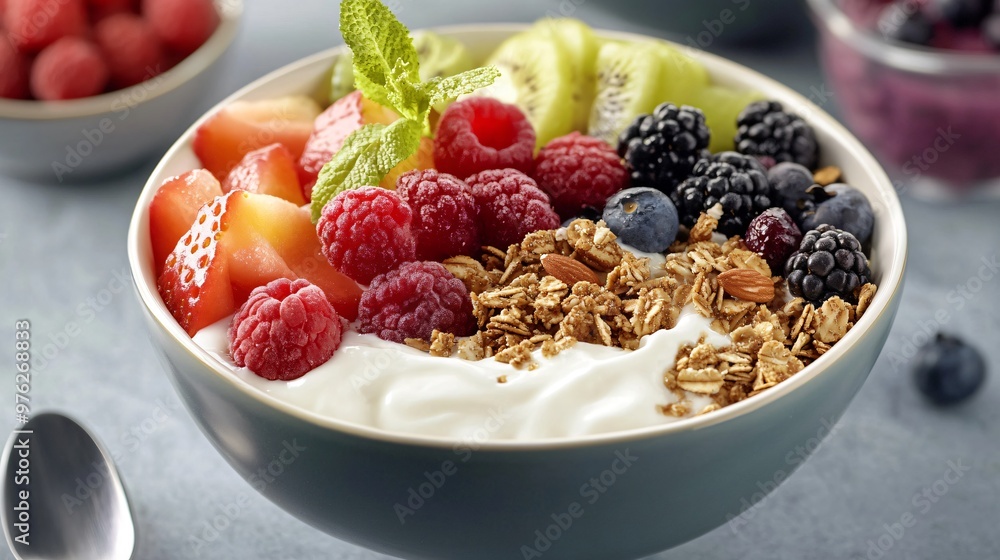 Close up of a bowl of yogurt with granola, kiwi, raspberries, strawberries, blueberries and blackberries. Close up of a bowl of yogurt with granola, kiwi, raspberries, strawberries, blueberries and blackberries.