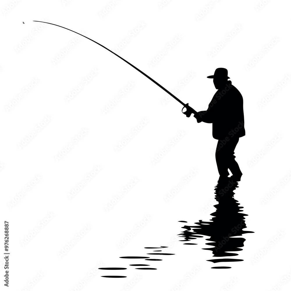 Fototapeta premium a black silhouette of a man fishing. He is standing in the water and is holding a fishing rod with both hands. The man is facing towards the right side of the image and appears to be casting his line 