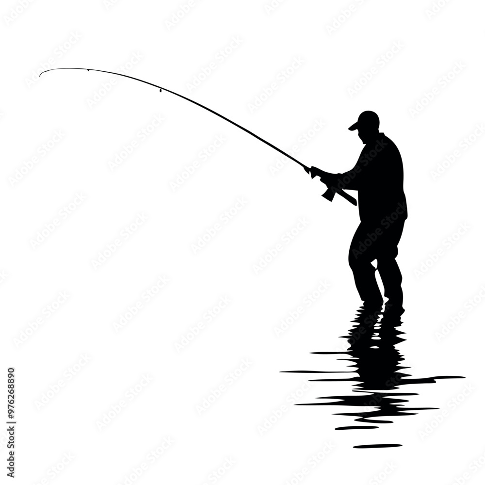 Fototapeta premium a black silhouette of a man fishing. He is standing in the water and is holding a fishing rod with both hands. The man is facing towards the right side of the image and appears to be casting his line 