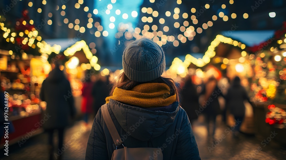 A woman in winter with her back to the camera, standing at an outdoor Christmas market decorated for the holiday season A woman in winter with her back to the camera, standing at an outdoor Christmas market decorated for the holiday season