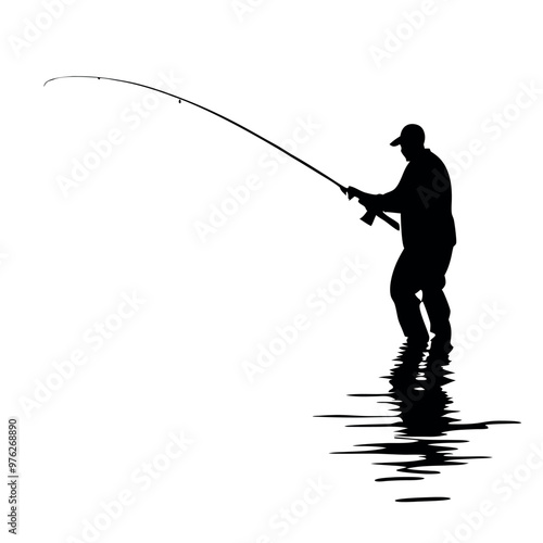a black silhouette of a man fishing. He is standing in the water and is holding a fishing rod with both hands. The man is facing towards the right side of the image and appears to be casting his line 