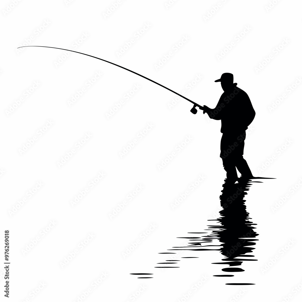 a black silhouette of a man fishing. He is standing in the water and is holding a fishing rod with both hands. The man is facing towards the right side of the image and appears to be casting his line 