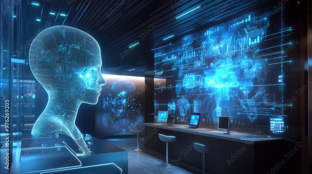 Obraz premium Artificial Intelligence, Futuristic Interior Design, Cyberspace.