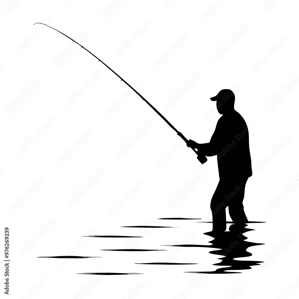a black silhouette of a man fishing. He is standing in the water and is holding a fishing rod with both hands. The man is facing towards the right side of the image and appears to be casting his line a black silhouette of a man fishing. He is standing in the water and is holding a fishing rod with both hands. The man is facing towards the right side of the image and appears to be casting his line