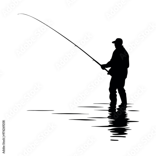 a black silhouette of a man fishing. He is standing in the water and is holding a fishing rod with both hands. The man is facing towards the right side of the image and appears to be casting his line 