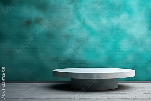 white round marble podium empty table before turquoise wall