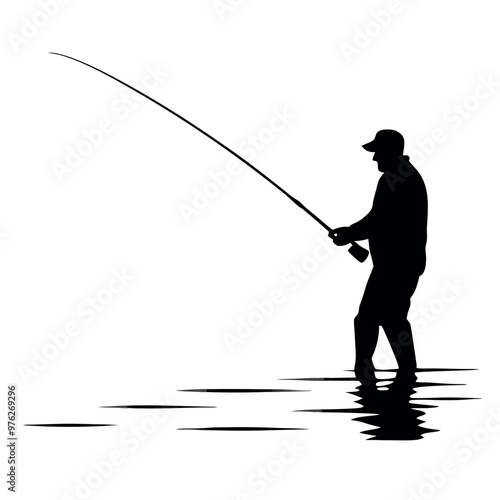 a black silhouette of a man fishing. He is standing in the water and is holding a fishing rod with both hands. The man is facing towards the right side of the image and appears to be casting his line 