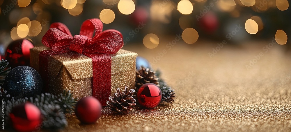 Wide Christmas horizontal bright banner with xmas luxury decorations, light golden bokeh, baubles, gift box, copy space. Modern minimal Merry Xmas illustration, Happy New Year blurred background Wide Christmas horizontal bright banner with xmas luxury decorations, light golden bokeh, baubles, gift box, copy space. Modern minimal Merry Xmas illustration, Happy New Year blurred background