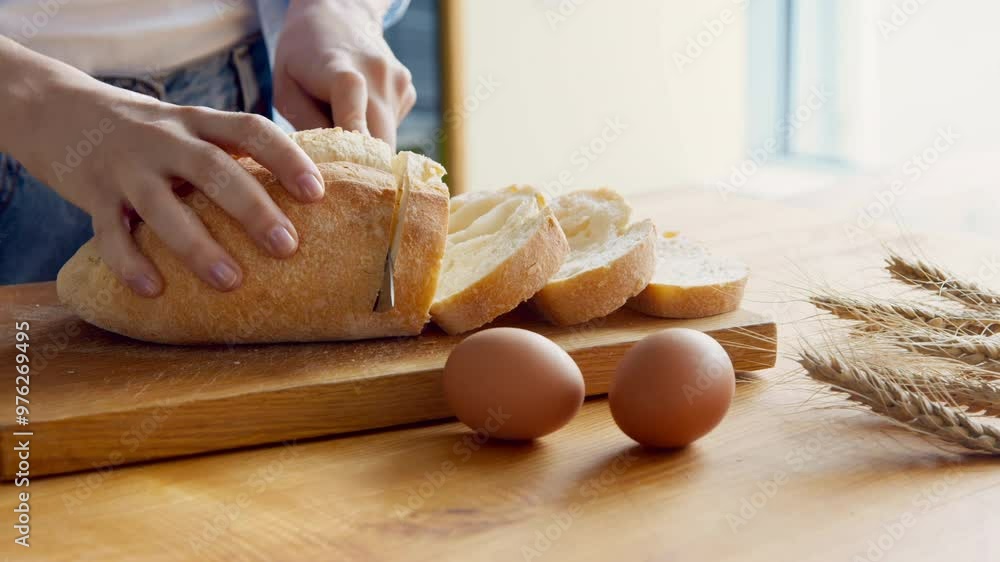 Homemade bakery concept. Woman cutting crispy loaf of bread on rustic table, close up