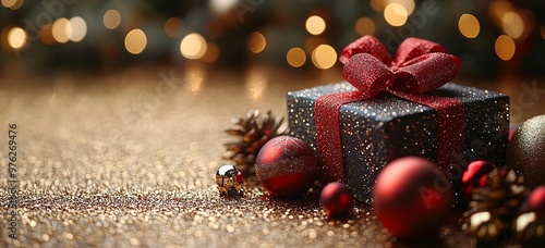 Wide web Christmas horizontal banner with xmas decoration, light golden bokeh, baubles, gift box, copy space. Modern minimal Merry Xmas bright illustration, Happy New Year beautiful blurred background