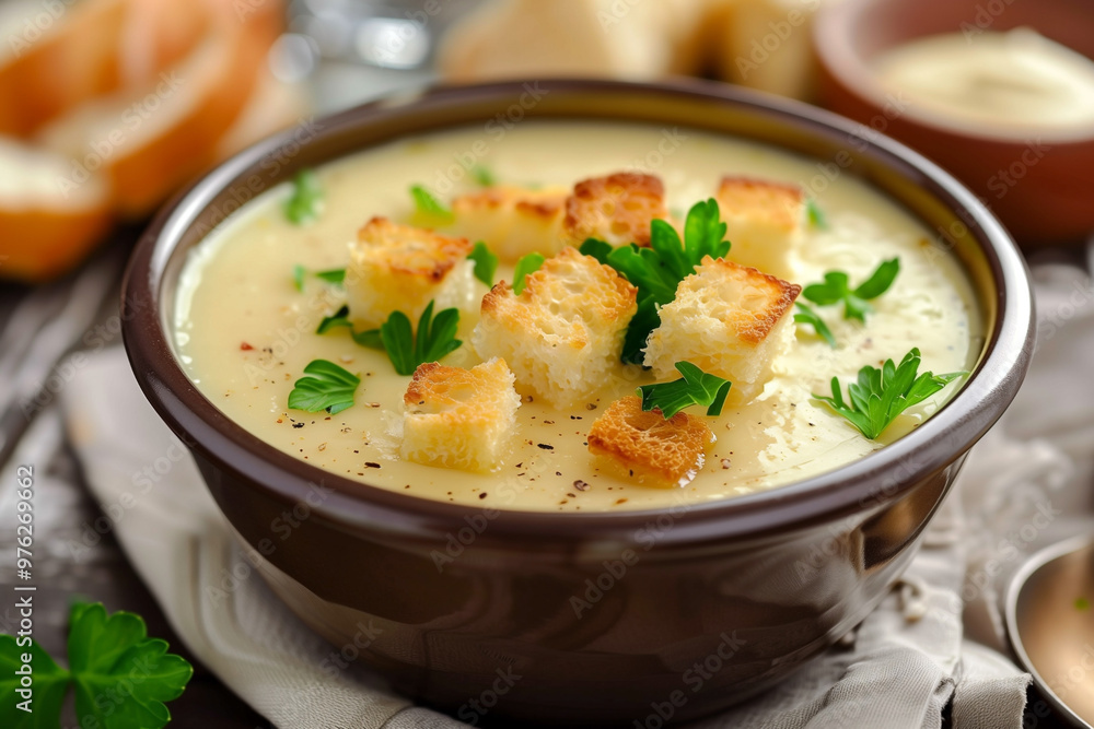 cream soup with croutons in bowl, selective focus cream soup with croutons in bowl, selective focus