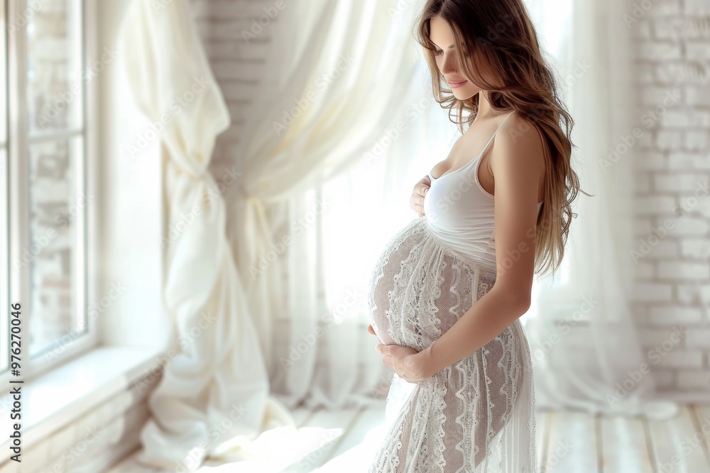 An elegant pregnant woman radiates warmth and beauty in soft light, joyfully celebrating motherhood and new life An elegant pregnant woman radiates warmth and beauty in soft light, joyfully celebrating motherhood and new life