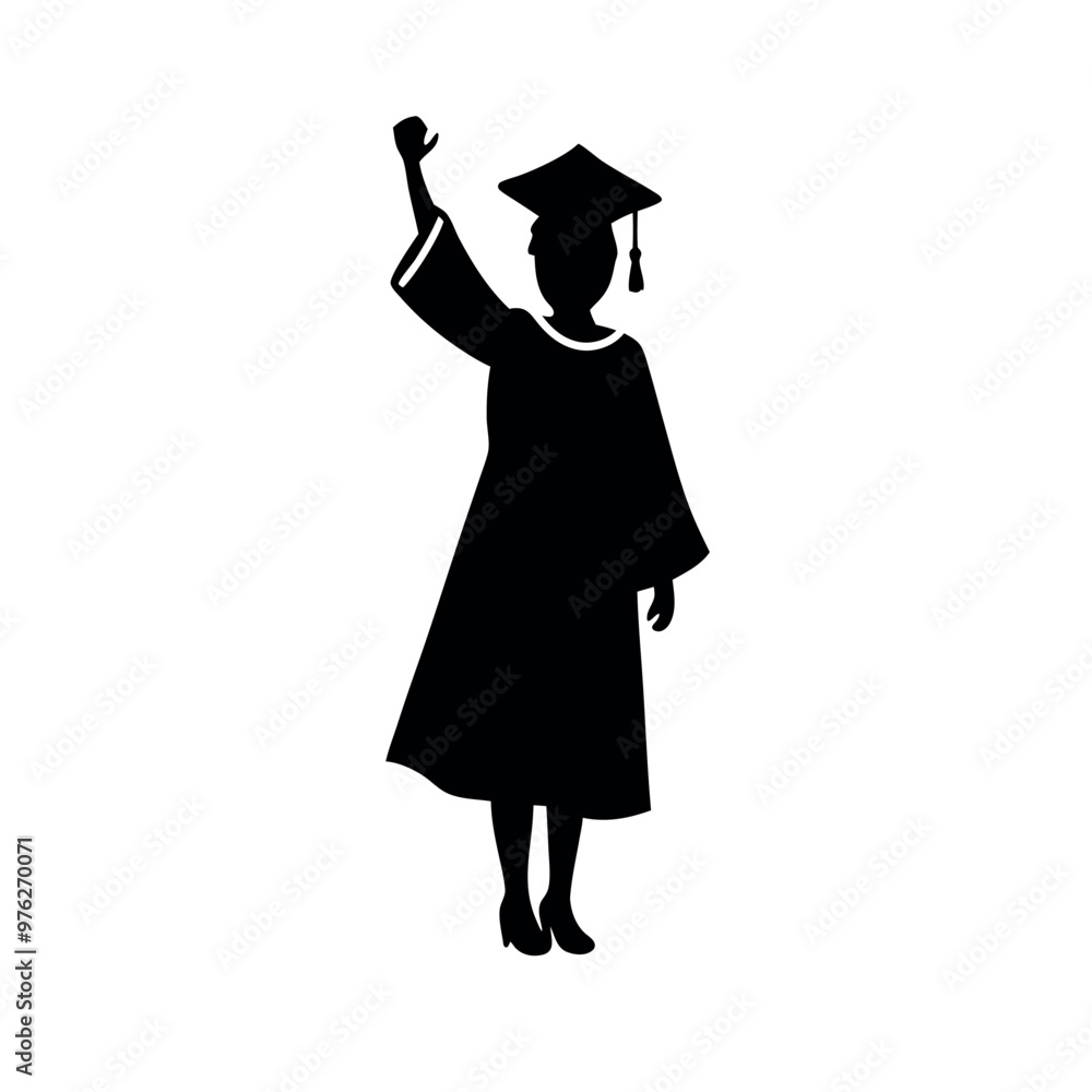 a black silhouette of a person wearing a graduation cap and gown. The person is standing with their left arm raised in the air, as if they are waving or celebrating a black silhouette of a person wearing a graduation cap and gown. The person is standing with their left arm raised in the air, as if they are waving or celebrating