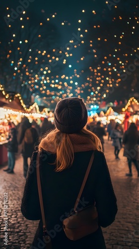 Wallpaper Mural A woman in winter with her back to the camera, standing at an outdoor Christmas market decorated for the holiday season Torontodigital.ca