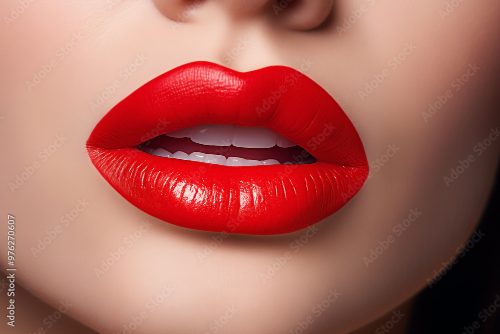 women's lips are painted with red lipstick, close-up women's lips are painted with red lipstick, close-up