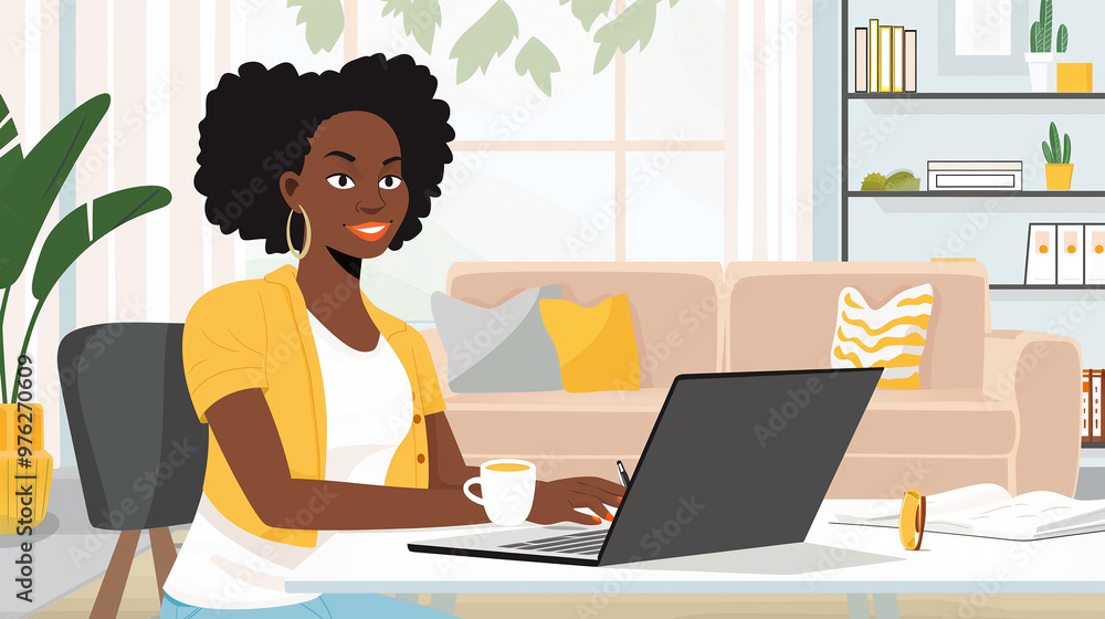 A woman smiles contentedly while working from her bright, cozy living room, with coffee, snacks, and sunlight creating a warm, relaxed atmosphere. A woman smiles contentedly while working from her bright, cozy living room, with coffee, snacks, and sunlight creating a warm, relaxed atmosphere.