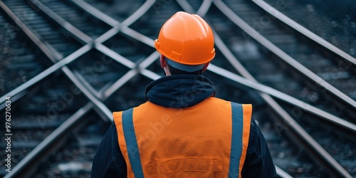 A railway worker wearing orange safety gear, including a helmet and a vest, standing near multiple intersecting railroad tracks, viewing the complex rail system.