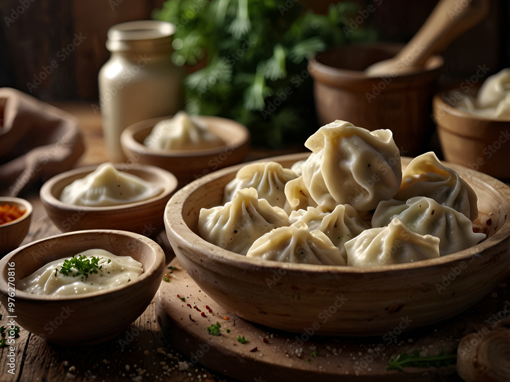 Homemade dumplings on a wooden board with garnish and sour cream Homemade dumplings on a wooden board with garnish and sour cream