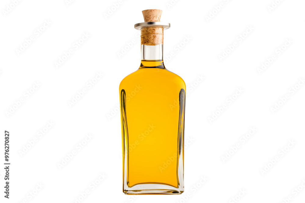 A clear glass bottle filled with olive oil isolated on white transparent background. A clear glass bottle filled with olive oil isolated on white transparent background.