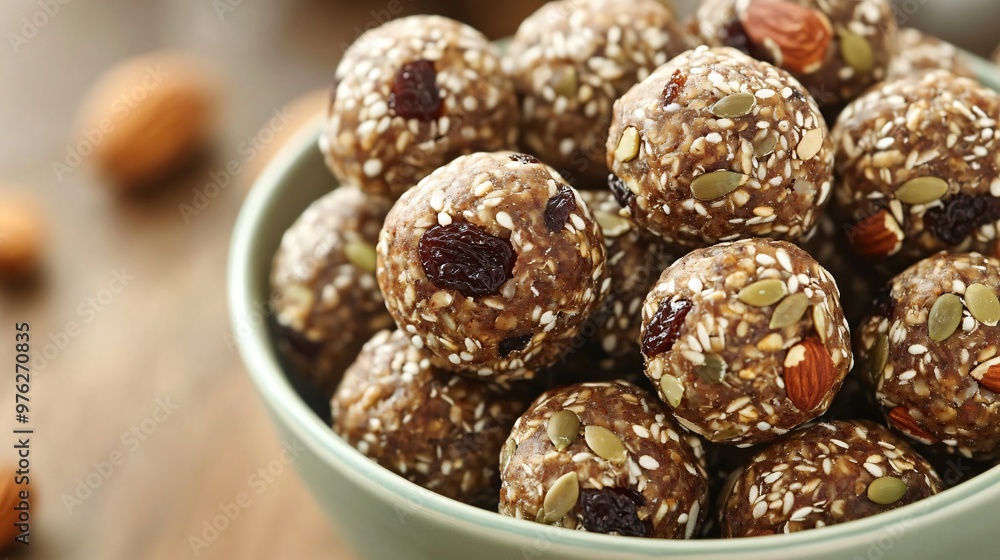 Close-up of energy balls with raisins, almonds, and pumpkin seeds in a bowl. Close-up of energy balls with raisins, almonds, and pumpkin seeds in a bowl.