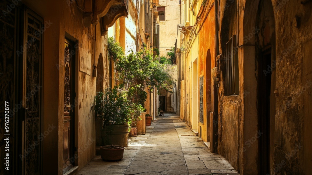 A narrow, cobblestone alleyway lined with old, yellow buildings in a European city. A narrow, cobblestone alleyway lined with old, yellow buildings in a European city.
