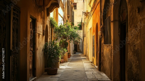 A narrow, cobblestone alleyway lined with old, yellow buildings in a European city.