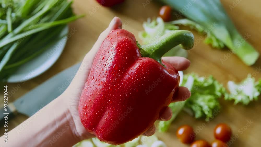 Beautiful big ripe red sweet pepper paprika in female hands at kitchen, close up Beautiful big ripe red sweet pepper paprika in female hands at kitchen, close up